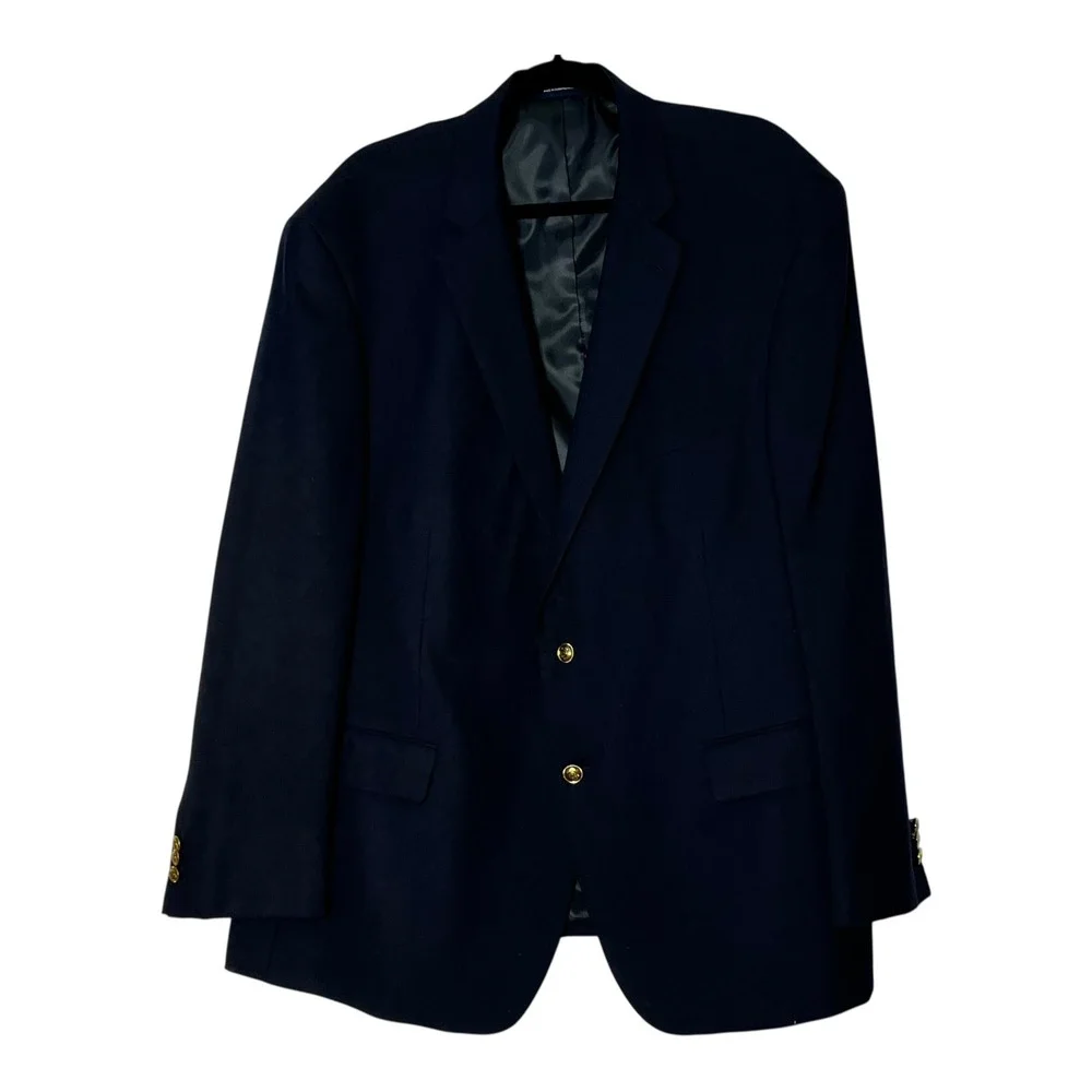 Stafford Essentials Men Navy Blue Wool Blend Two Button Blazer Jacket 50 Regular